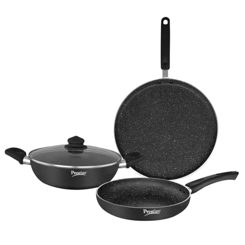 Prestige Omega Deluxe Granite Aluminium 3 Pcs Set- Tawa, Fry Pan & Kadai with 1 Glass L…