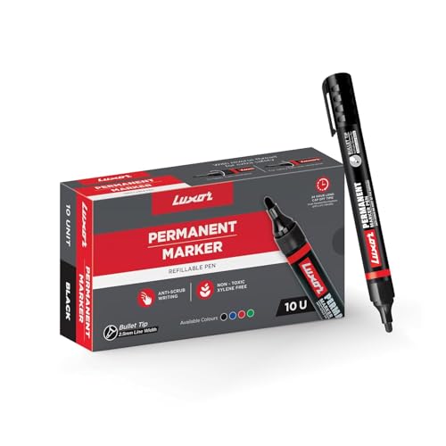 Luxor Refillable Permanent Marker Pen, Black Ink, Pack of 10 | Bold & Smudge-Resistant…