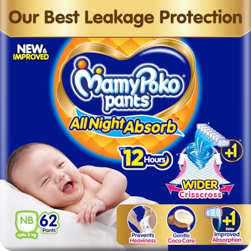 MamyPoko New Pants All Night Absorb|Pantstyle Baby Diapers New Born Size(XS), 62 Count,…