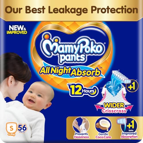 MamyPoko New Pants All Night Absorb|Pant Style Baby Diapers Small Size(S), 56 Count, Id…