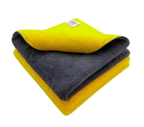 SOFTSPUN 900 GSM, Microfiber Cloth Yellow+Grey Towel Set 40X40cms 2 Piece Towel Set Ext…