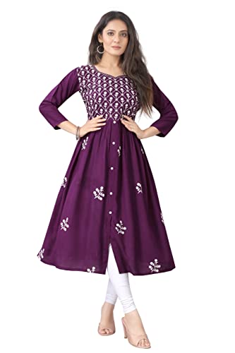 KrazzyKudy Women's Rayon Embroidered Flared Regular Fit Kurtis (Xxx-Large, Purple)