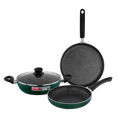 Prestige Omega Granite Non-Stick 3 Pc Cookware Set with Glass Lid | 5-Layer Coating | G…
