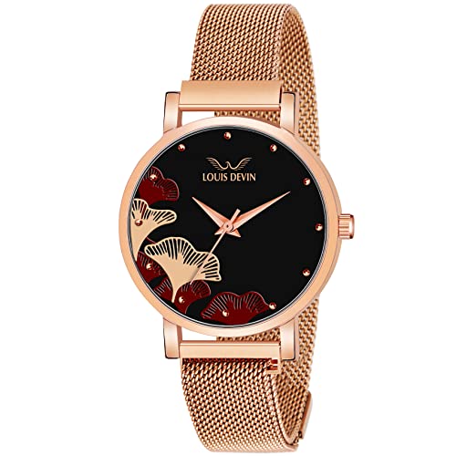 LOUIS DEVIN Rose Gold Plated Mesh Chain Analog Wrist Watch for Women (Black Dial) | LD-…