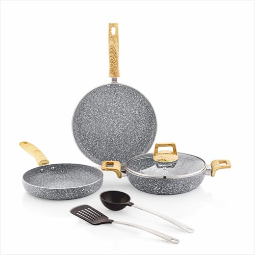 Amazon Basics Granite Finish Non Stick 5 Pcs Induction Base Cookware Set-Granito Grey (…