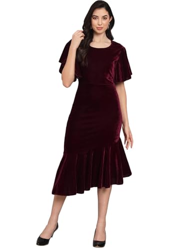 Vaararo Bodycon Party Dress for Women | Shiny Velvet Fabric Fish Cut Ruffle Bottom Deta…