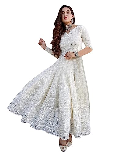 LookMark Women's White Embroidered Ethnic Gown, Ankle Length Flared Dress, 3/4 Sleeves,…