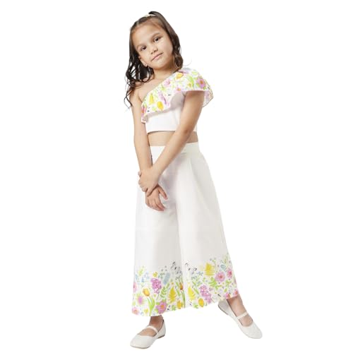 Nautinati Girls Floral Printed One Shoulder Top with Trousers Set| Satin |Age 4-8 Years