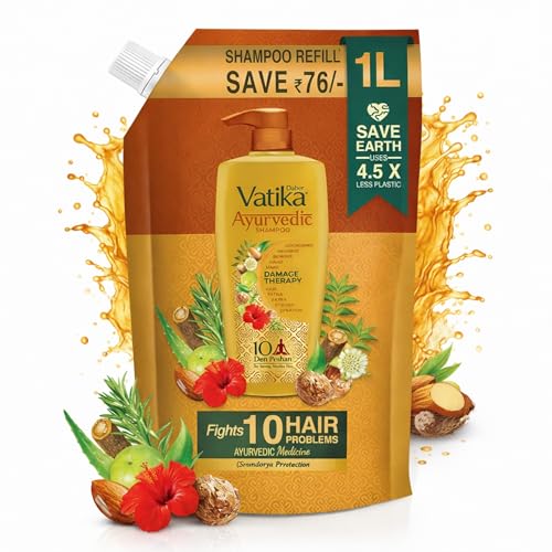 Dabur Vatika Ayurvedic Shampoo Refill Pouch - 1 L | Damage Therapy | Power of 10 Ingred…