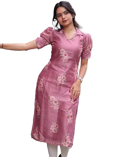 Sun Fashion And Lifestyle Women's Chanderi Printed Kurti | Kurta (KT16_Pink_S)