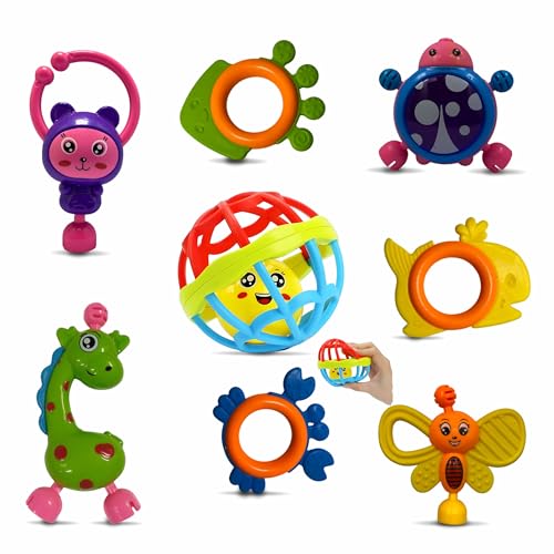 8-Piece Colorful Rattle & Teether Combo Set – BPA-Free Rubber Sensory Toys for Infants…