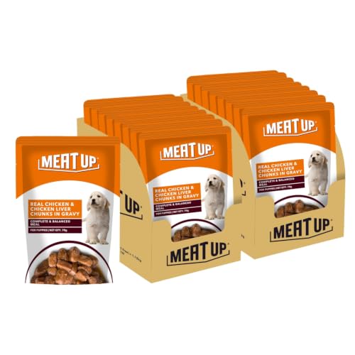 Meat Up Puppy Wet Dog Food, 16 Pouches × 70g, Total 1.12kg | Real Chicken in Gravy | Co…