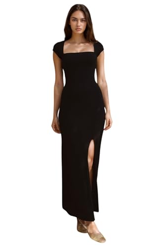 IUGA Black Bodycon Maxi Dress with Square Neck and Front Slit