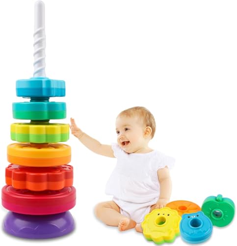 Cable World Baby Spinning Stacking Toys for Toddlers 1-3, Rainbow Ring Stacker Montesso…