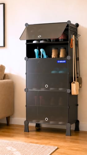 BOXJOY 6 Shelf Shoe Rack with 3 Doors, 5 Hook Steel Holder & Wooden Hammer