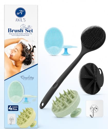 ANTIL'S 4-in-1 Soft Silicone Bath Brush Set | Long Handle Back Scrubber + Body Scrubber…