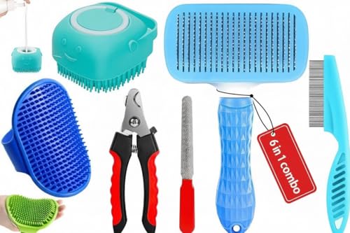 6 in 1 Pet Grooming Kit for Dog and Cat with Shedding Brush Nail Clipper Bath Brush Fle…