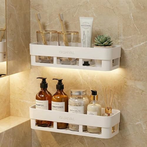 KASHIVAL Bathroom Shelf Wall Mount | No Drill ABS Plastic Storage Rack with Hooks | Mul…