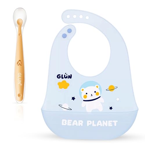 GLUN® 1 Soft Feeding Spoon & 1 Bib Combo, Cute Bear Print Baby Bib with Carry Bowl, Eas…