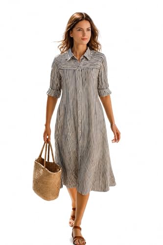 Nautiful Women's Summer Striped Midi Long Shirt Dress Casual Loose Short Sleeve Button…