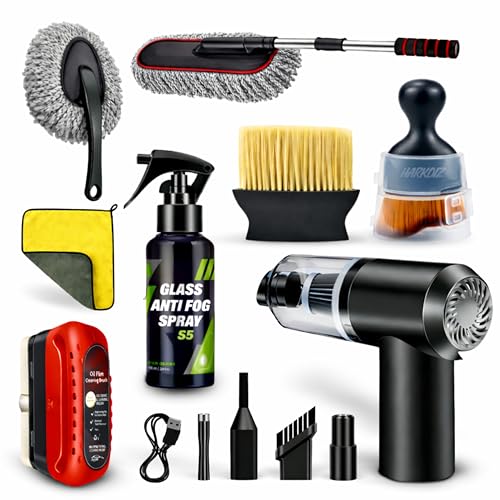 8 Pcs Car Combo Kit with 3-in-1 Mini Vacuum Cleaner, Microfiber Cloth, Duster, Wheel Br…
