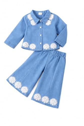 Baby Girls Toddler Soft Denim Premium Outfit Set Long Sleeve Button-Up Shirt with Lace…