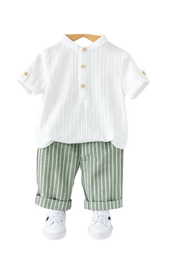 Baby Boy Outfit Set Mandarin Collar Shirt & Striped Pants Comfortable Summer Dress Colo…
