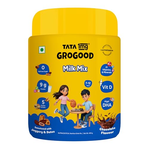 Tata 1mg Grogood Kids Milk Mix (7–12 Years) - Chocolate Flavor | 400g | Premium Kids Protei…