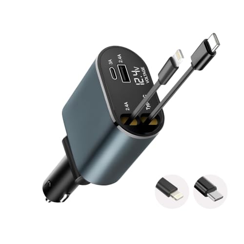 Prolet® 120W 4 in 1 Car Charger with 2 Retractable Cable (Type C & iPhone), 1 USB & 1 T…