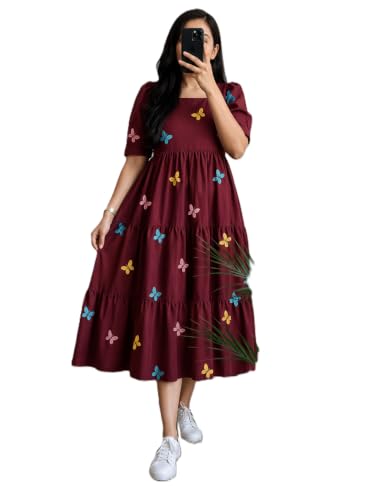 FASHDHUN Women's Rayon Floral Print A-Line Midi Dress (in, Alpha, L, Maroon Butterfly)